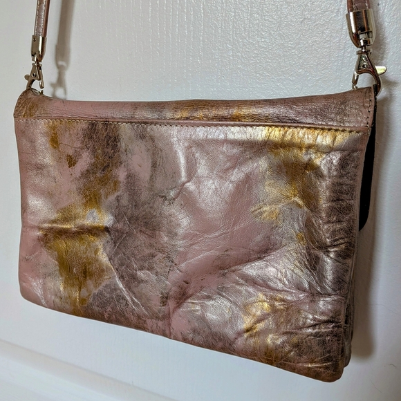Due Fratelli Vintage Genuine Leather Crossbody Bag – Gold, Pink & Brown - Picture 2 of 9